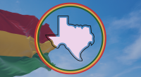 Outline of the state of Texas with multicolor circle and freedom flag against blue sky